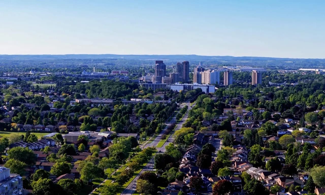 Aerial photograph of Ajax, Ontario residential neighbourhoods and downtown — lawn care service area