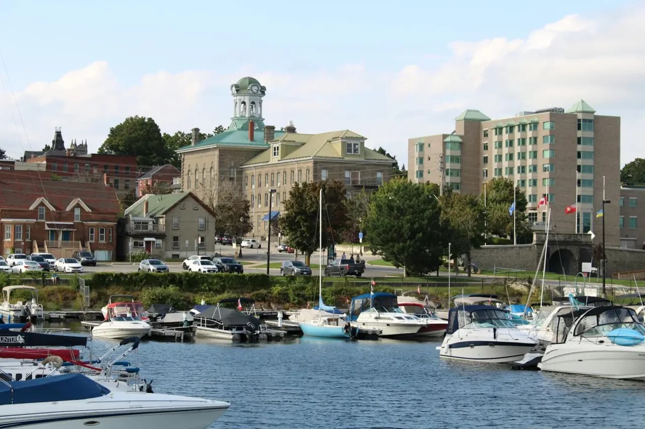 Fredericton, New Brunswick harbour with clock tower and heritage buildings